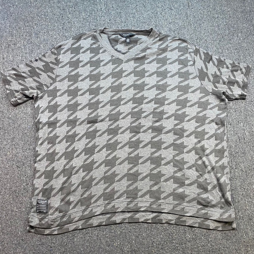 Rocawear TShirt Sz 3XL Mens Grey Streetwear Houndstooth V Neck Hip Hop Graphic